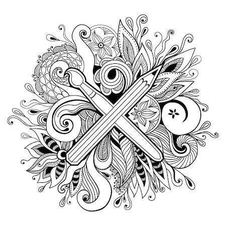 doodle drawing of book - Vector black and white hand drawn abstract mandala of creativity. Pencil across brush isolated on white. Zentangle or adult coloring page Stock Photo - Budget Royalty-Free & Subscription, Code: 400-08791511