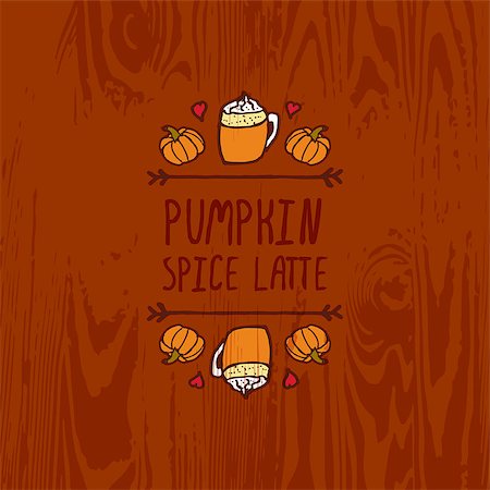 simsearch:400-08793659,k - Hand-sketched typographic element with pumpkins, hearts, pumpkin spice latte and text on wooden background. Pumpkin spice latte Stock Photo - Budget Royalty-Free & Subscription, Code: 400-08791642