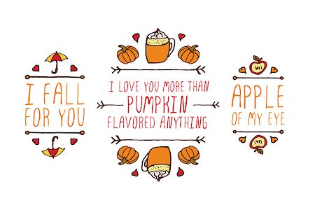 simsearch:400-08793659,k - Hand drawn autumn elements with inscription I fall for you, I love you more than pumpkin flavored anything, apple on my eye on white background. Romantic clip-art Stock Photo - Budget Royalty-Free & Subscription, Code: 400-08791686