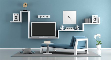 simsearch:400-05946922,k - Blue living room with home cinema system- 3d rendering Stock Photo - Budget Royalty-Free & Subscription, Code: 400-08791724