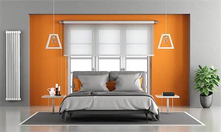 simsearch:700-00864697,k - Gray and orange master bedroom with window on background - 3d rendering Stock Photo - Budget Royalty-Free & Subscription, Code: 400-08791721