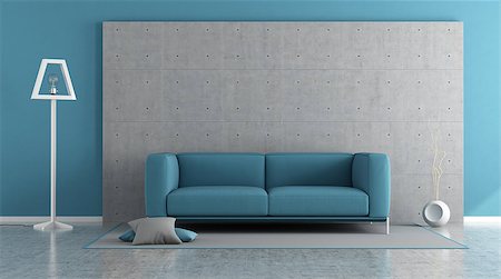 simsearch:400-06396170,k - Blue modern living room with concrete panel and sofa on carpet - 3d rendering Photographie de stock - Aubaine LD & Abonnement, Code: 400-08791722