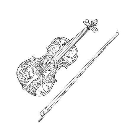 Coloring page with ornamental violin and fiddlestick isolated on white background. Coloring book for adult and children. Vector illustration. Stock Photo - Budget Royalty-Free & Subscription, Code: 400-08791903