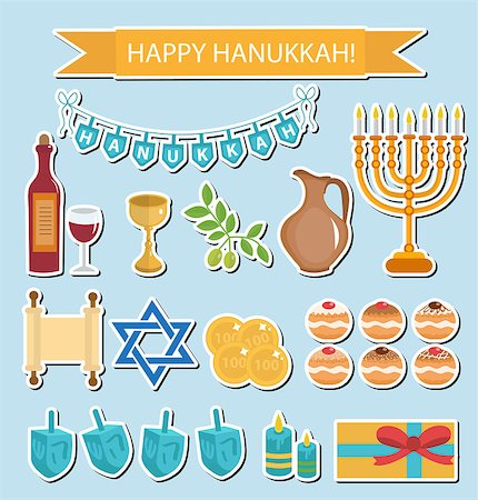 simsearch:400-09089749,k - Hanukkah sticker pack. Hanukkah Icons with Menorah, Torah, Sufganiyot, Olives and Dreidel. Happy Hanukkah Festival of Lights, Feast of Dedication flat icons, stickers. Vector illustration Foto de stock - Super Valor sin royalties y Suscripción, Código: 400-08792656