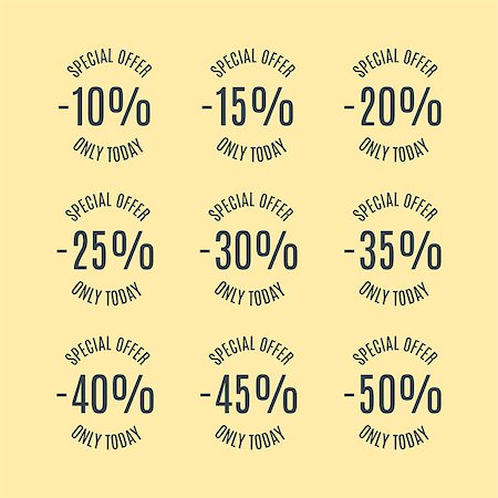 simsearch:400-04907711,k - A set of nine labels discounts of ten to fifty percent in steps of five, isolated on yellow background, flat style, vector illustration. Stock Photo - Budget Royalty-Free & Subscription, Code: 400-08792711