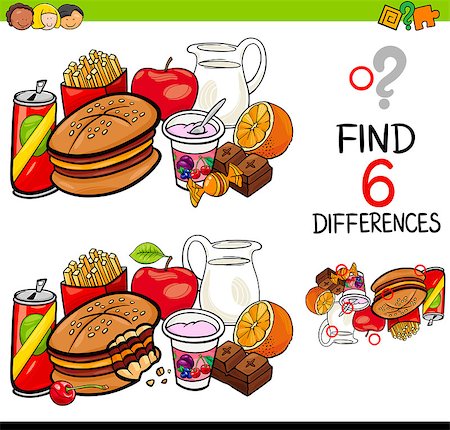 Cartoon Illustration of Finding the Difference Educational Activity for Children with Food Objects Stock Photo - Budget Royalty-Free & Subscription, Code: 400-08792756