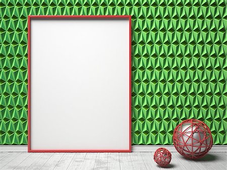 Blank picture frame and red sphere decor on green triangulated background. Mock up render illustration Stock Photo - Budget Royalty-Free & Subscription, Code: 400-08792908