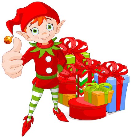 Illustration of cute Christmas elf doing a thumb up and group of colorful wrapped gift boxes with ribbons and bows Stock Photo - Budget Royalty-Free & Subscription, Code: 400-08793063