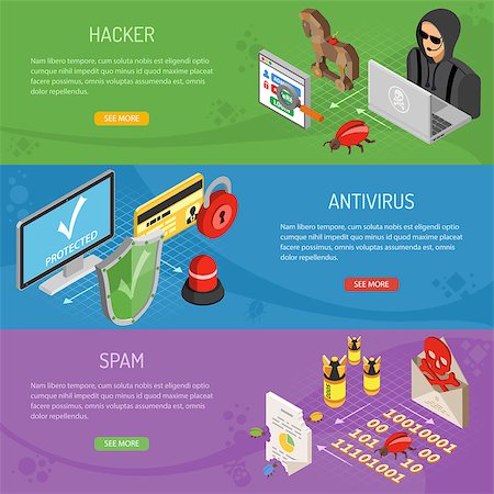 simsearch:400-07748651,k - Internet security horizontal banners with isometric flat icons like hacker, virus, antivirus and spam. vector illustration. Photographie de stock - Aubaine LD & Abonnement, Code: 400-08793206