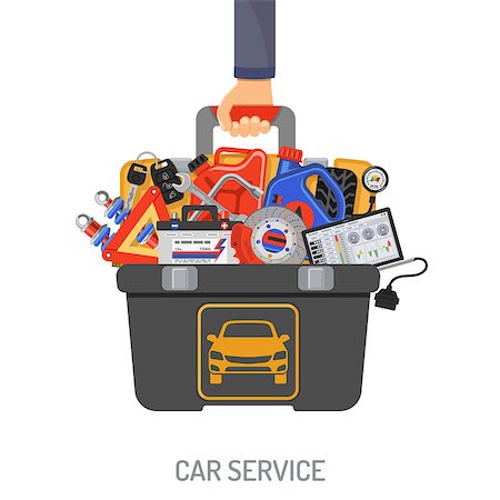 Auto Service Concept with Car tools and toolbox in hand car mechanic flat Icons. Isolated vector illustration. Stock Photo - Budget Royalty-Free & Subscription, Code: 400-08793213