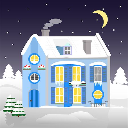 ski cartoon color - Christmas house on a background of winter night. Flat style. Little cottage. Merry Christmas card Stock Photo - Budget Royalty-Free & Subscription, Code: 400-08793465