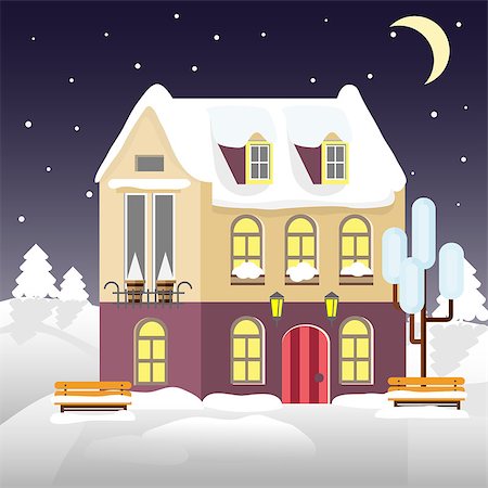 ski cartoon color - Christmas house on a background of winter night. Flat style. Little cottage. Merry Christmas card Stock Photo - Budget Royalty-Free & Subscription, Code: 400-08793463