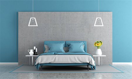 Contemporary master bedroom with double bed and concrete panel - 3d rendering Stock Photo - Budget Royalty-Free & Subscription, Code: 400-08793477