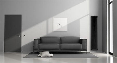 Minimalist living room with black sofa and closed door - 3d rendering Stock Photo - Budget Royalty-Free & Subscription, Code: 400-08793481