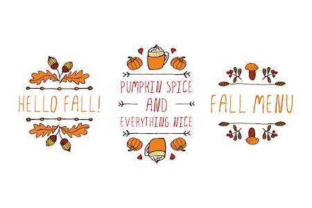 simsearch:400-08793659,k - Hand drawn autumn elements with inscription hello fall, pumpkin spice and everything nice, fall menu on white background Stock Photo - Budget Royalty-Free & Subscription, Code: 400-08793657