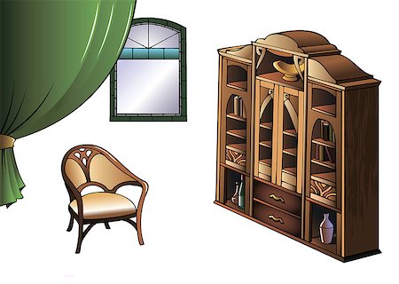 Bookcase and armchair of early XX century in Modern style, vector illustration Stock Photo - Budget Royalty-Free & Subscription, Code: 400-08806115
