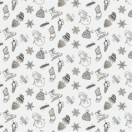 Black Xmas and New Year Doodles, Christmas Seamless Background Pattern. Hand-Drawn Vector Illustration. Pattern Swatch. Christmas Signs, Symbols, Objects Stock Photo - Budget Royalty-Free & Subscription, Code: 400-08806356