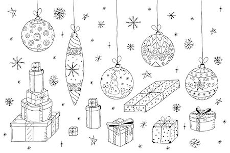 drawing of christmas gift wraps - Christmas set in doodle style.Hand drawn gifts and xmas balls.Vector illustration. Stock Photo - Budget Royalty-Free & Subscription, Code: 400-08807009