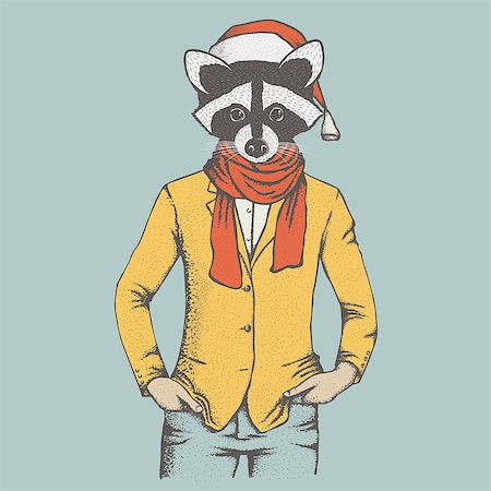 simsearch:400-09080674,k - Christmas raccoon vector illustration. Raccoon in human suit with santa hat. Adorable mammal raccoon on New Year Foto de stock - Super Valor sin royalties y Suscripción, Código: 400-08807184