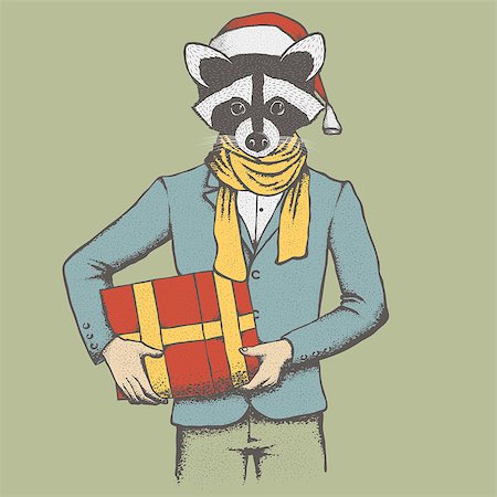 simsearch:400-09080674,k - Christmas raccoon vector illustration. Raccoon in human suit with santa hat. Adorable mammal raccoon on New Year Foto de stock - Super Valor sin royalties y Suscripción, Código: 400-08807185
