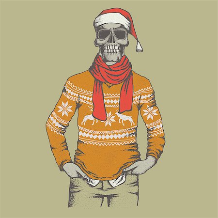 Vector Christmas skull  in skull in sweater illustration. Hand drawn skull. Skull human in sweatshirt Stock Photo - Budget Royalty-Free & Subscription, Code: 400-08807196