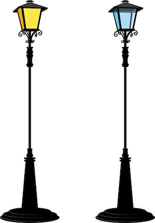sharpner (artist) - Detached two tall black street lamps are lit in blue and yellow isolated on a white background. Stock Photo - Budget Royalty-Free & Subscription, Code: 400-08807265