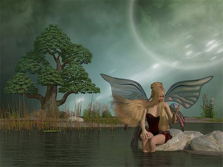 simsearch:400-07113054,k - A woodland fairy plays with her pet dragon in a magic ball while sitting by a marsh pond. Stock Photo - Budget Royalty-Free & Subscription, Code: 400-08807306