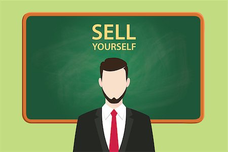 sales training - sell yourself illustration with businessman standing with chalkboard and text behind vector graphic illustration Stock Photo - Budget Royalty-Free & Subscription, Code: 400-08807367
