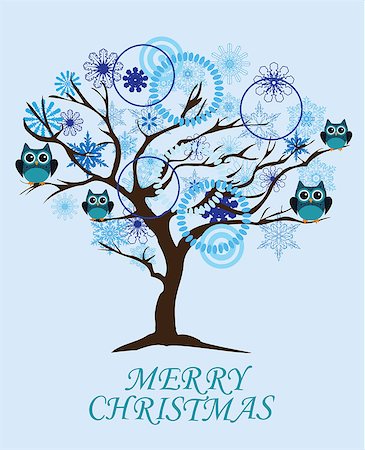 vector illustration of a winter snow tree with snowflakes and owls Stock Photo - Budget Royalty-Free & Subscription, Code: 400-08807387