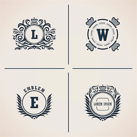 Calligraphic flourishes luxury monogram set. Line frame template logo for emblem. Patterns for design calligraphic menu, restaurant cafe, invitations, cards. Vintage vector line symbols L, W, E Photographie de stock - Aubaine LD & Abonnement, Code: 400-08807402