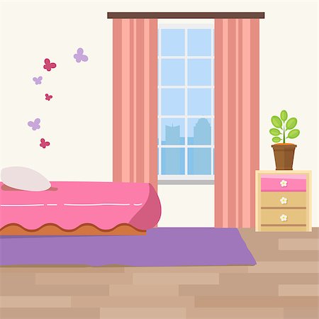 Nursery room with white furniture. Baby pink stripe interior. Girl room design with bed, crib mobile, chest of drawers and toy bin. Lace ornament floor. Flat style vector illustration. Foto de stock - Super Valor sin royalties y Suscripción, Código: 400-08807659