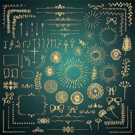Set of Golden Hand Drawn Doodle Design Elements. Rustic Decorative Frame Borders, Dividers, Arrows, Swirls, Branches, Banners, Frames, Corners, Objects Vector Illustration Stock Photo - Budget Royalty-Free & Subscription, Code: 400-08807922