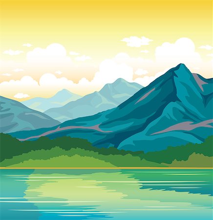 scenic and mountain illustrations - Summer landscape - blue mountains with forest and calm river on a sunset cloudy sky background. Nature vector illustration. Stock Photo - Budget Royalty-Free & Subscription, Code: 400-08807923