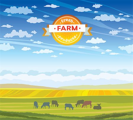 Herd of cows in green field on a cloudy sky. Vector summer rural landscape. Foto de stock - Super Valor sin royalties y Suscripción, Código: 400-08807943
