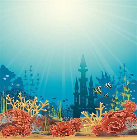 simsearch:400-05901743,k - Silhouette of underwater castle and colorful coral reef with tropical fishes. Vector seascape illustration. Stock Photo - Budget Royalty-Free & Subscription, Code: 400-08807951