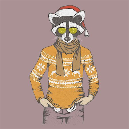 Christmas raccoon vector illustration. Raccoon in human sweater, sweatshirt and Santa hat. Adorable mammal raccoon on New Year Stock Photo - Budget Royalty-Free & Subscription, Code: 400-08808318