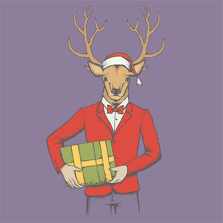 Christmas Deer vector illustration. Reindeer in human suit with gift Stock Photo - Budget Royalty-Free & Subscription, Code: 400-08808312