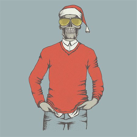 Vector Christmas skull  in skull in sweater illustration. Hand drawn skull. Skull human in sweatshirt Stock Photo - Budget Royalty-Free & Subscription, Code: 400-08808327