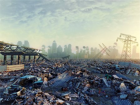Ruins of a city. Apocalyptic landscape.3d illustration concept Stock Photo - Budget Royalty-Free & Subscription, Code: 400-08808596