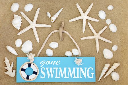 simsearch:400-07818974,k - Gone swimming sign on sand with starfish and seashells forming an abstract background. Stock Photo - Budget Royalty-Free & Subscription, Code: 400-08808612