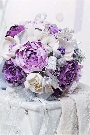 peony art - Beautiful hand made art clay bridal bouquet with purple and silver flowers lying on white side table. Copy space. Stock Photo - Budget Royalty-Free & Subscription, Code: 400-08808718
