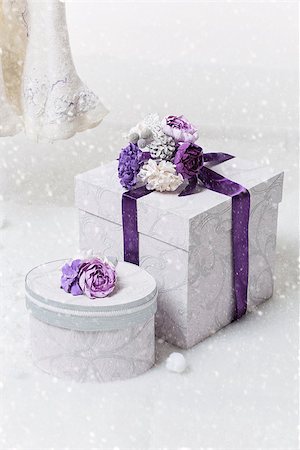 peony art - Set of beautiful handmade wedding present boxes ornated with silver and purple flowers standing on snow. Copy space. Stock Photo - Budget Royalty-Free & Subscription, Code: 400-08808719