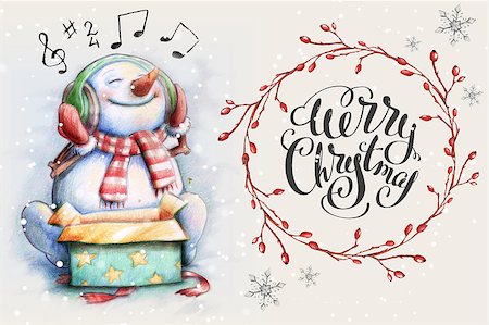 Snowman listening Christmas song. Watercolor illustration for greeting card Stock Photo - Budget Royalty-Free & Subscription, Code: 400-08808720