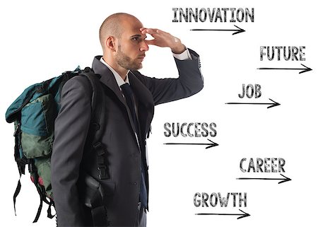 simsearch:400-07892835,k - Businessman with explorer backpack follows the directional arrows Stock Photo - Budget Royalty-Free & Subscription, Code: 400-08809198