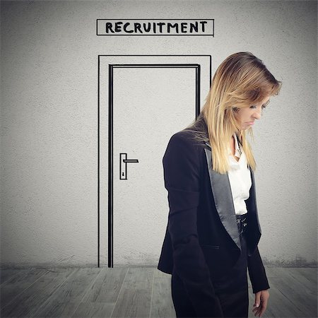 simsearch:400-06556699,k - Woman exits from the room of recruitment sorrowfully because she is not hired Foto de stock - Royalty-Free Super Valor e Assinatura, Número: 400-08809606