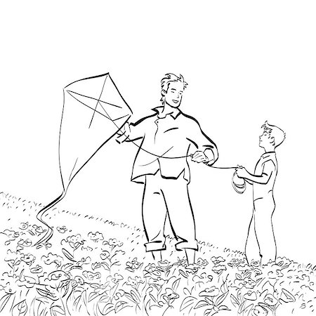 Dad and son flying a kite. Black and white vector illustration Stock Photo - Budget Royalty-Free & Subscription, Code: 400-08809776