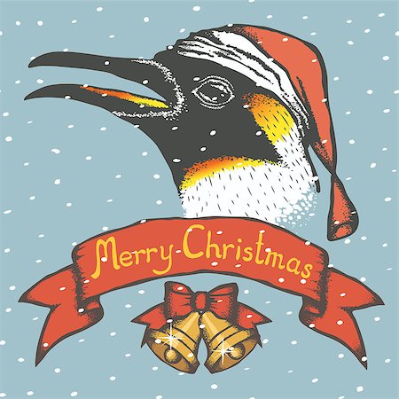 Penguin vector illustration. Illustration of cute antarctic penguin. Christmas Penguin vector in Santa hat. Inscription Merry Christmas and snow Stock Photo - Budget Royalty-Free & Subscription, Code: 400-08814044