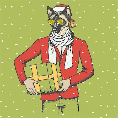 simsearch:400-09080795,k - Christmas cat vector illustration. Cat in human suit with gift. Christmas cat vector in Santa hat Stock Photo - Budget Royalty-Free & Subscription, Code: 400-08814040