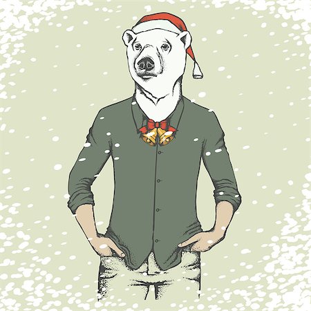 simsearch:400-09080674,k - Christmas white polar bear vector illustration. White polar bear in human suit. Christmas Polar bear in Santa hat Foto de stock - Super Valor sin royalties y Suscripción, Código: 400-08814055