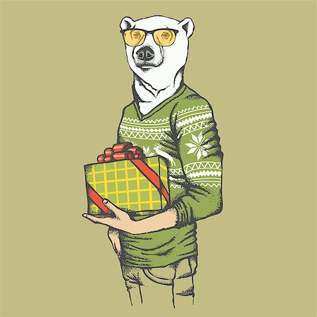 White polar bear vector illustration. White polar bear in human sweatshirt with gift Stock Photo - Budget Royalty-Free & Subscription, Code: 400-08814056